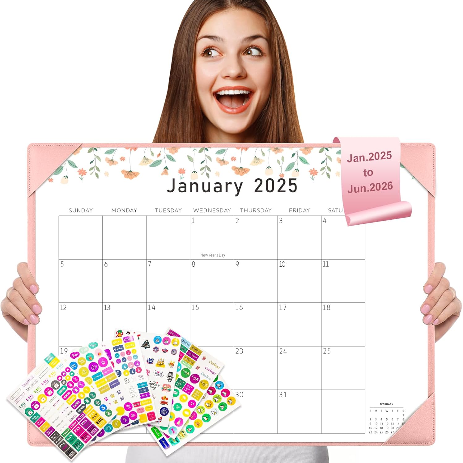 Gannyfer Large Desk Calendar 2025-2026 with Mat - 18 Month Table Calendar, 22" x 17" Desktop Pad Calendar for Planning and Organizing in Your Family, School or Office(6 Stickers Included, Pink)