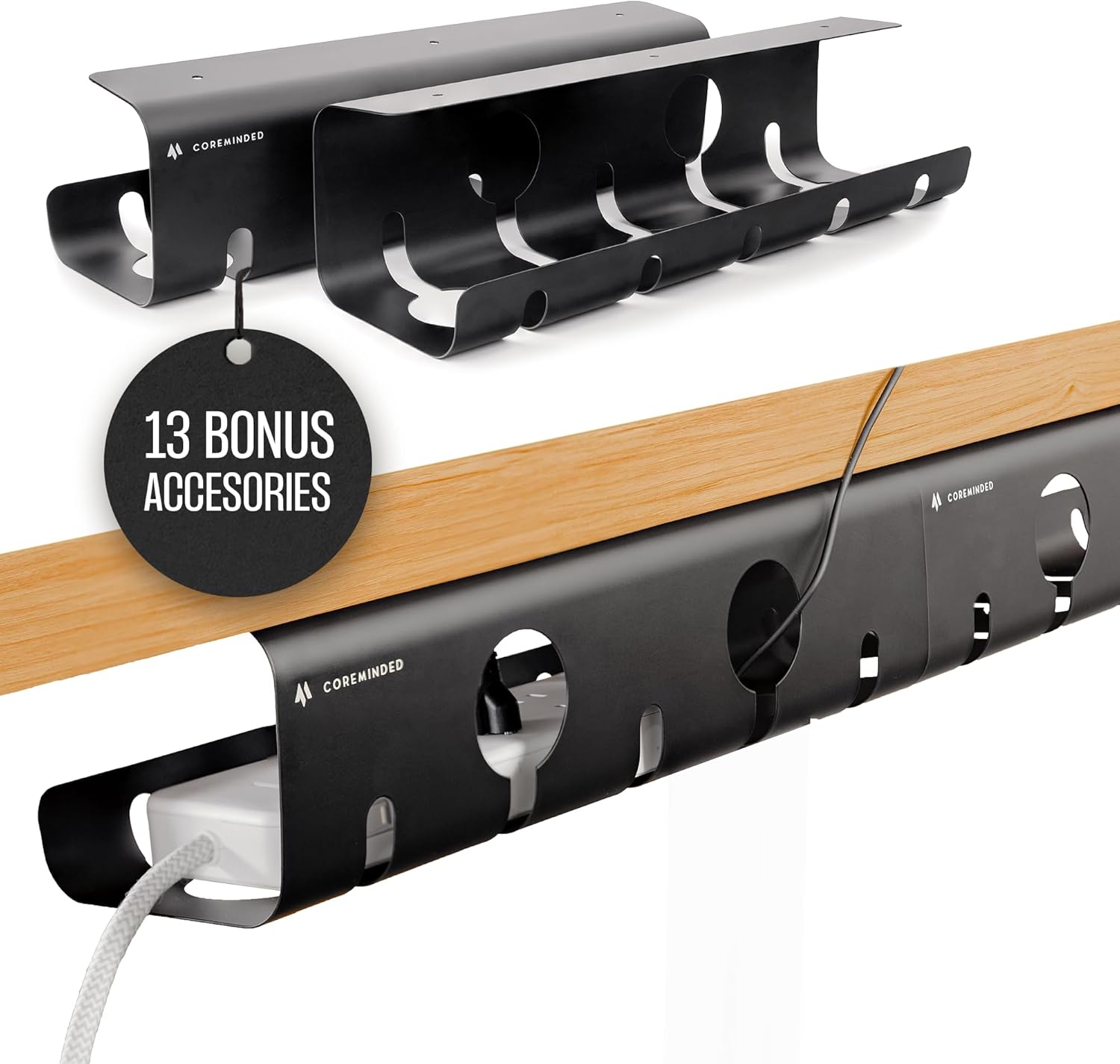 No-Drill Under Desk Cable Tray - 2-Pack Wire & Cord Organizer - Standing Desk Cable Management - Power Strip Holder - M