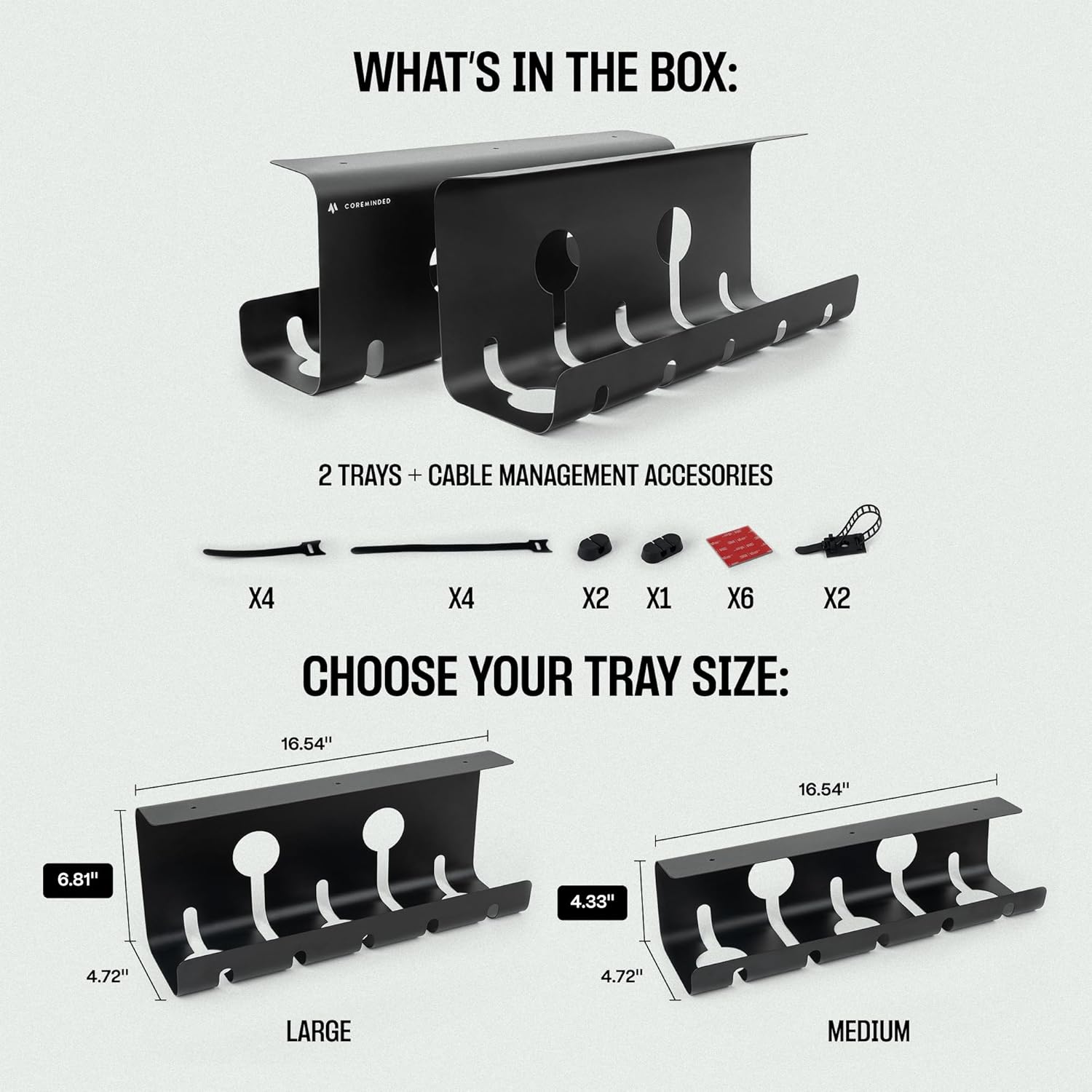 No-Drill Under Desk Cable Tray - 2-Pack Wire & Cord Organizer - Standing Desk Cable Management - Power Strip Holder - M - Image 2