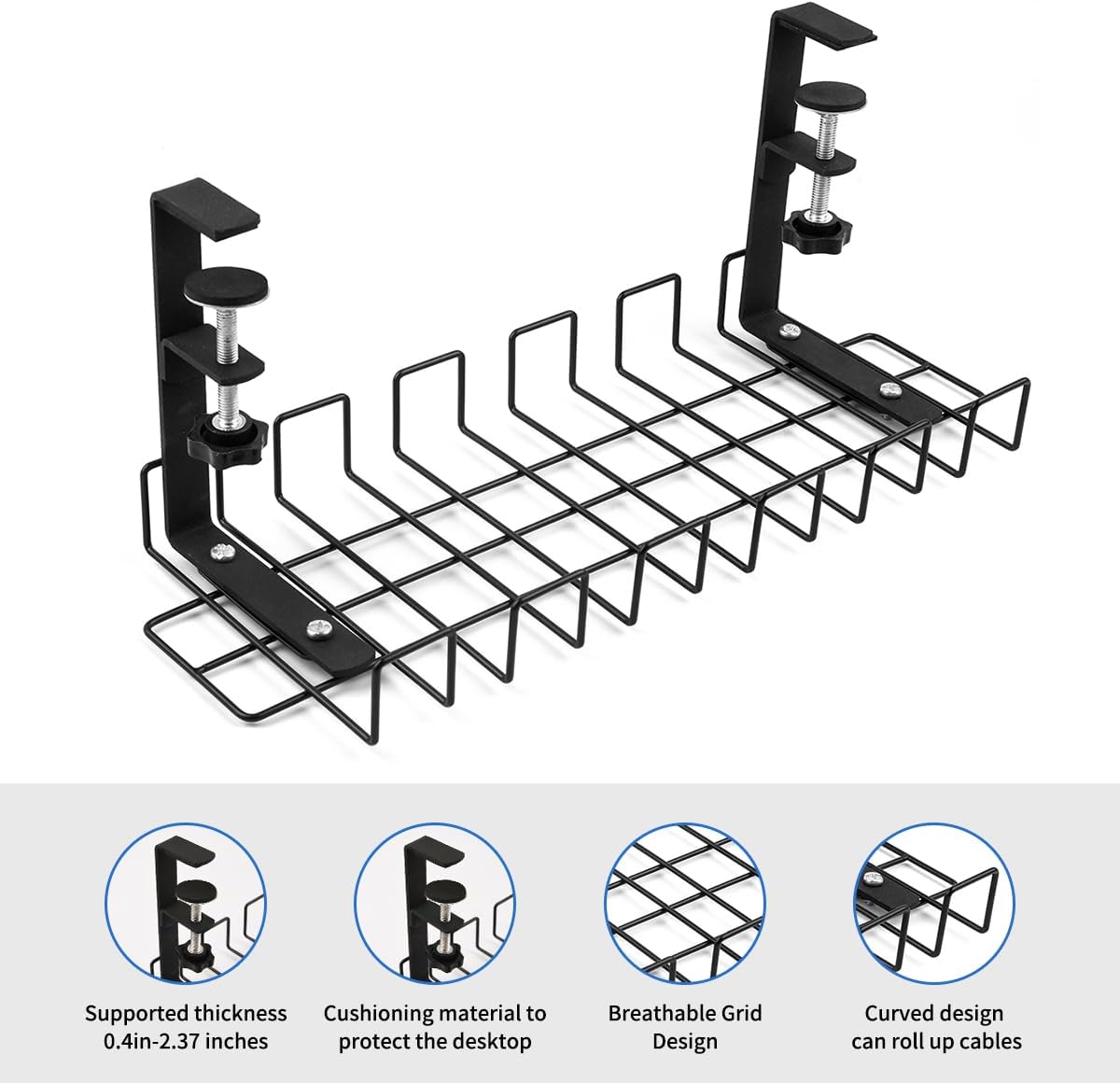No Drilling Under Desk Cable Management, 16" Metal Cable Management Tray with Clamp, Easy to Install Under Desk Cable Organizer for Home Office - Image 2