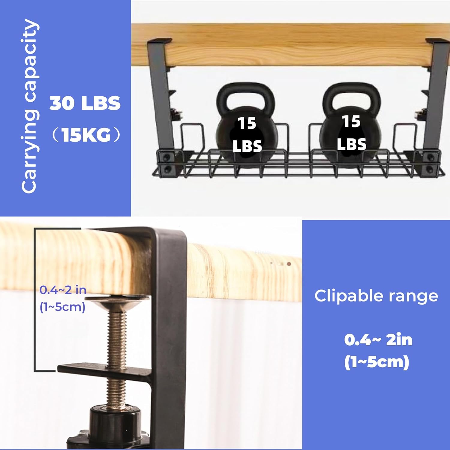 No Drilling Under Desk Cable Management, 16" Metal Cable Management Tray with Clamp, Easy to Install Under Desk Cable Organizer for Home Office - Image 5