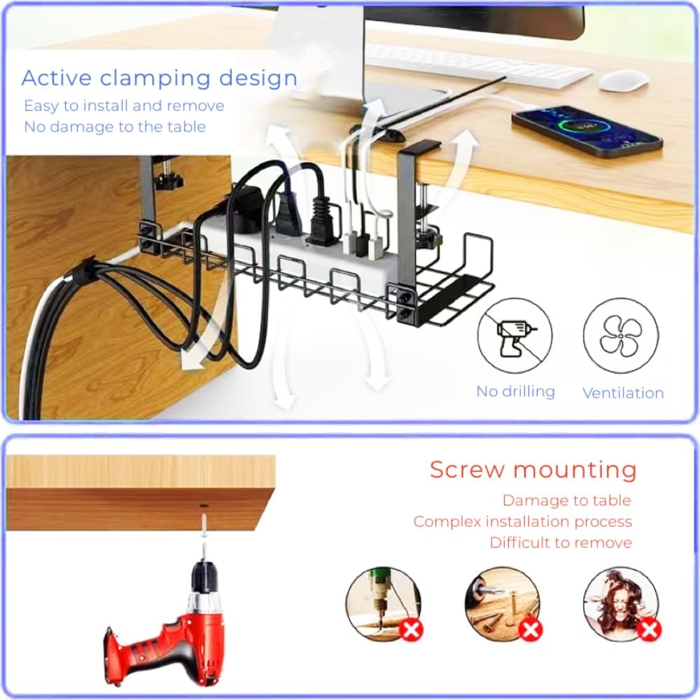 No Drilling Under Desk Cable Management, 16" Metal Cable Management Tray with Clamp, Easy to Install Under Desk Cable Organizer for Home Office - Image 6