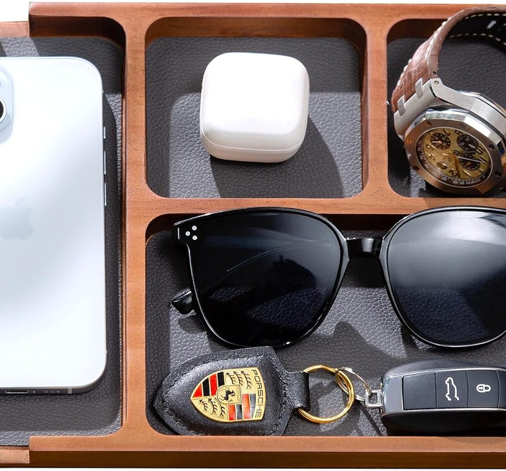 Shinpuru Wooden Valet Tray with Leather Inlay - Nightstand & Desk Organizer - EDC Essentials Catchall Tray for Keys, Phone, Wallet, Watch, Earbuds - Stylish Storage (Wood)