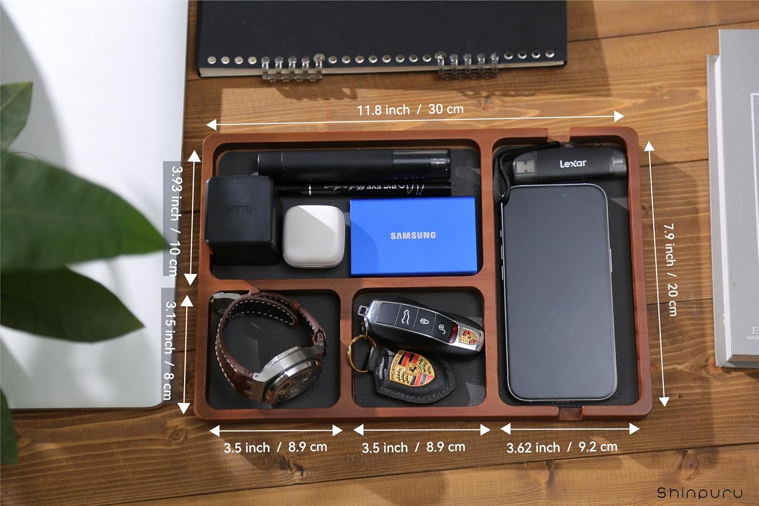 Shinpuru Wooden Valet Tray with Leather Inlay - Nightstand & Desk Organizer - EDC Essentials Catchall Tray for Keys, Phone, Wallet, Watch, Earbuds - Stylish Storage (Wood) - Image 3