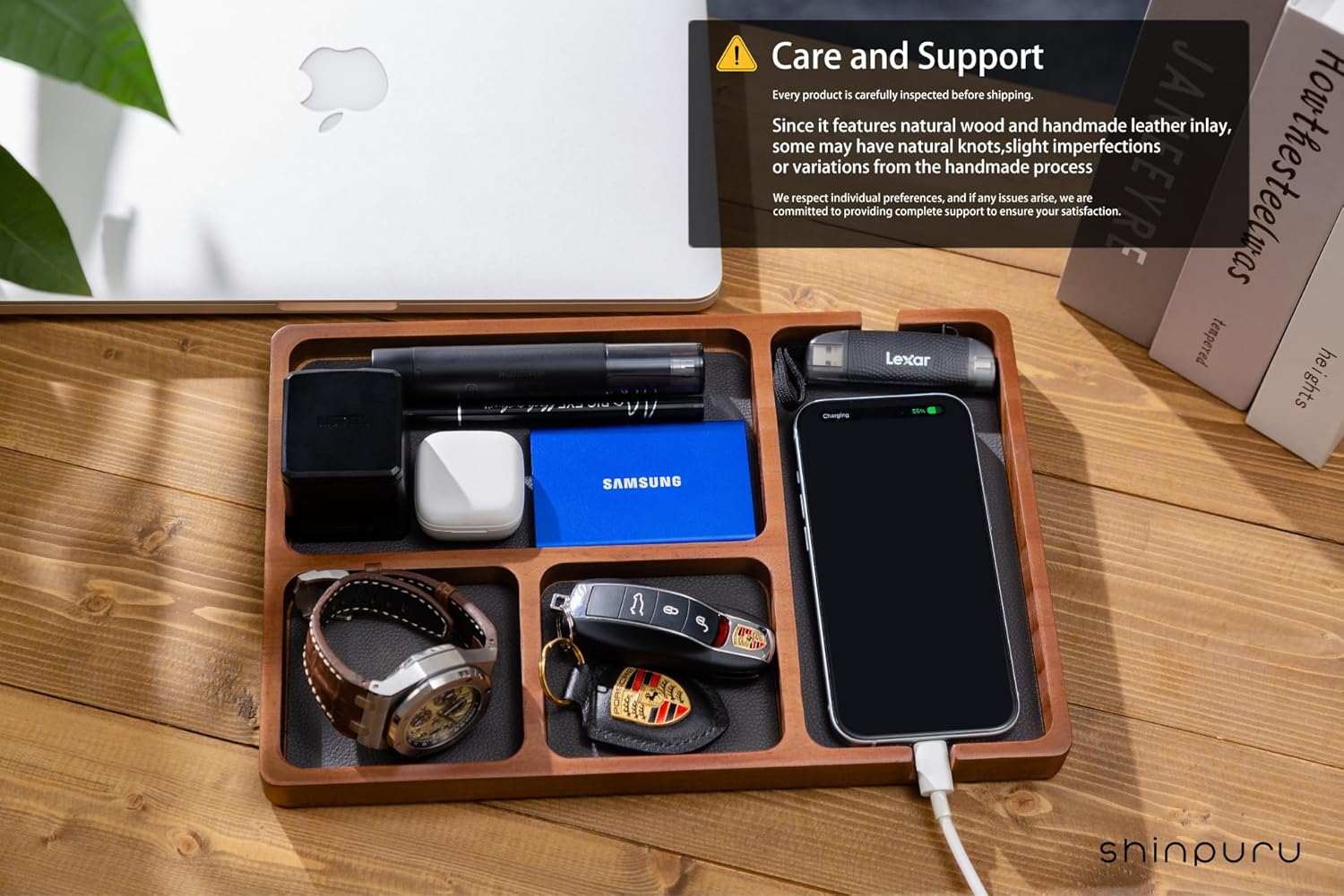 Shinpuru Wooden Valet Tray with Leather Inlay - Nightstand & Desk Organizer - EDC Essentials Catchall Tray for Keys, Phone, Wallet, Watch, Earbuds - Stylish Storage (Wood) - Image 4