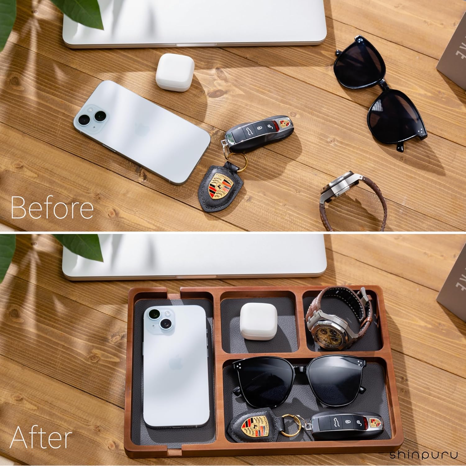 Shinpuru Wooden Valet Tray with Leather Inlay - Nightstand & Desk Organizer - EDC Essentials Catchall Tray for Keys, Phone, Wallet, Watch, Earbuds - Stylish Storage (Wood) - Image 6