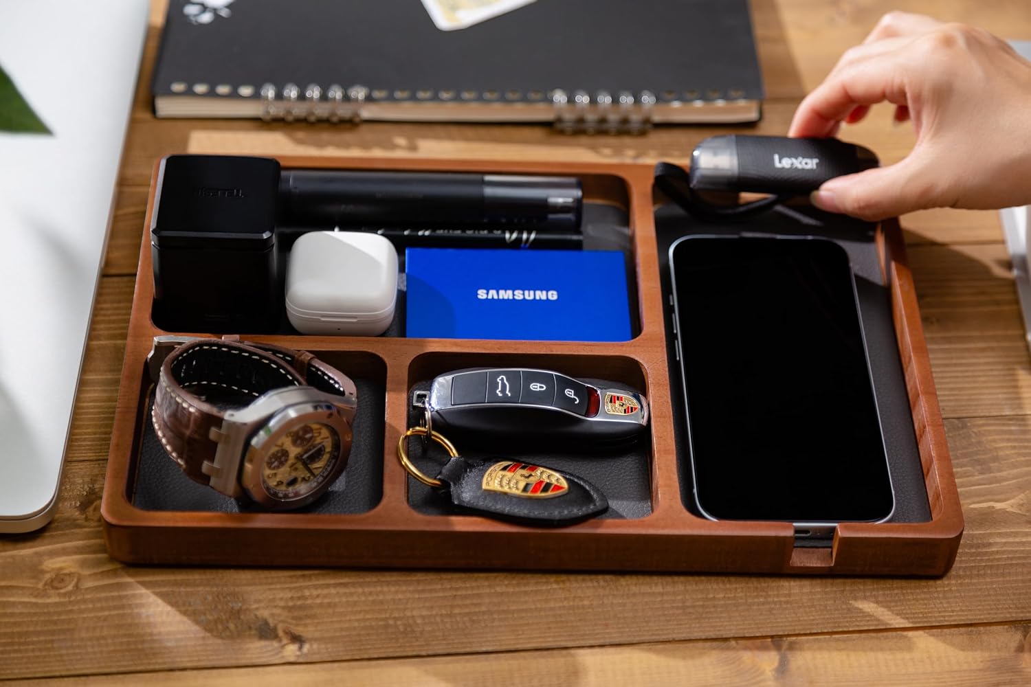 Shinpuru Wooden Valet Tray with Leather Inlay - Nightstand & Desk Organizer - EDC Essentials Catchall Tray for Keys, Phone, Wallet, Watch, Earbuds - Stylish Storage (Wood) - Image 7
