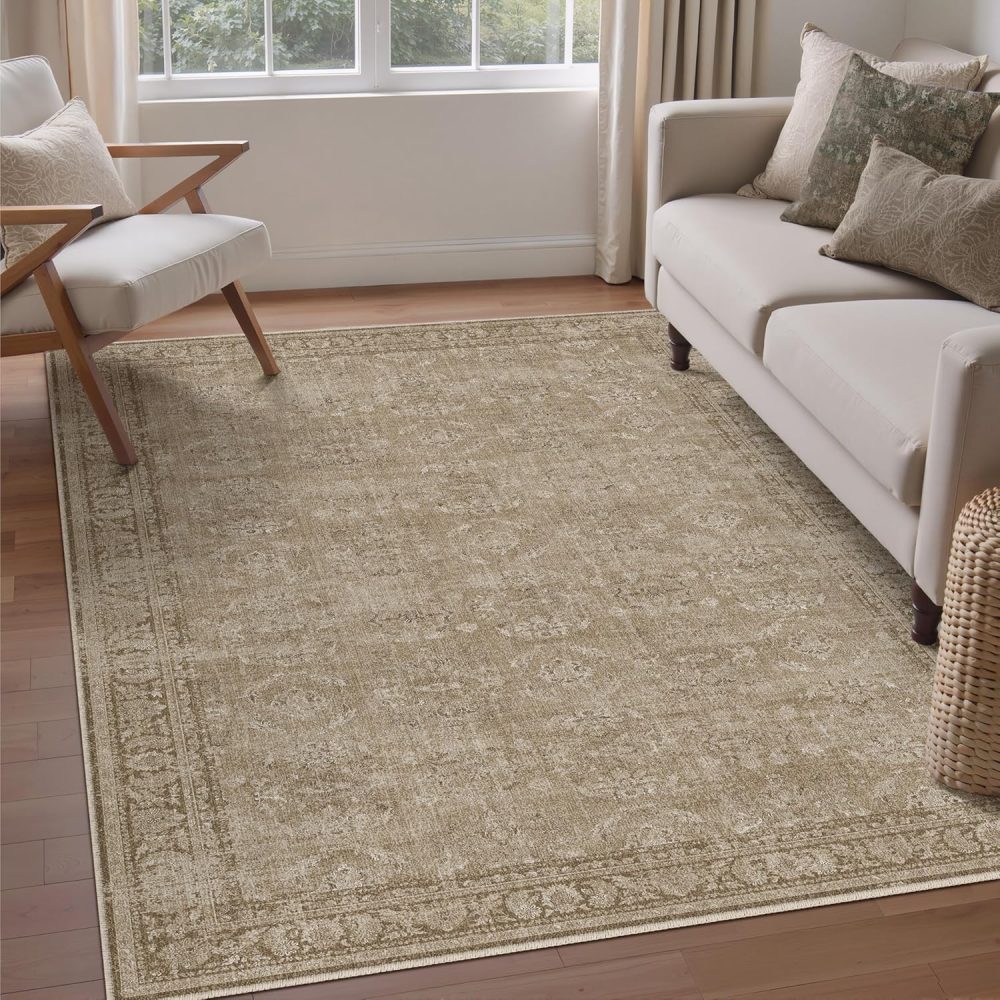 Vintage Area Rug 3x5 Light Brown Washable Entryway Office Carpet Indoor Bedroom Living Room Non Slip Kitchen Western Retro Distressed Soft Tribal Throw Accent Rug for Dining Room Bathroom