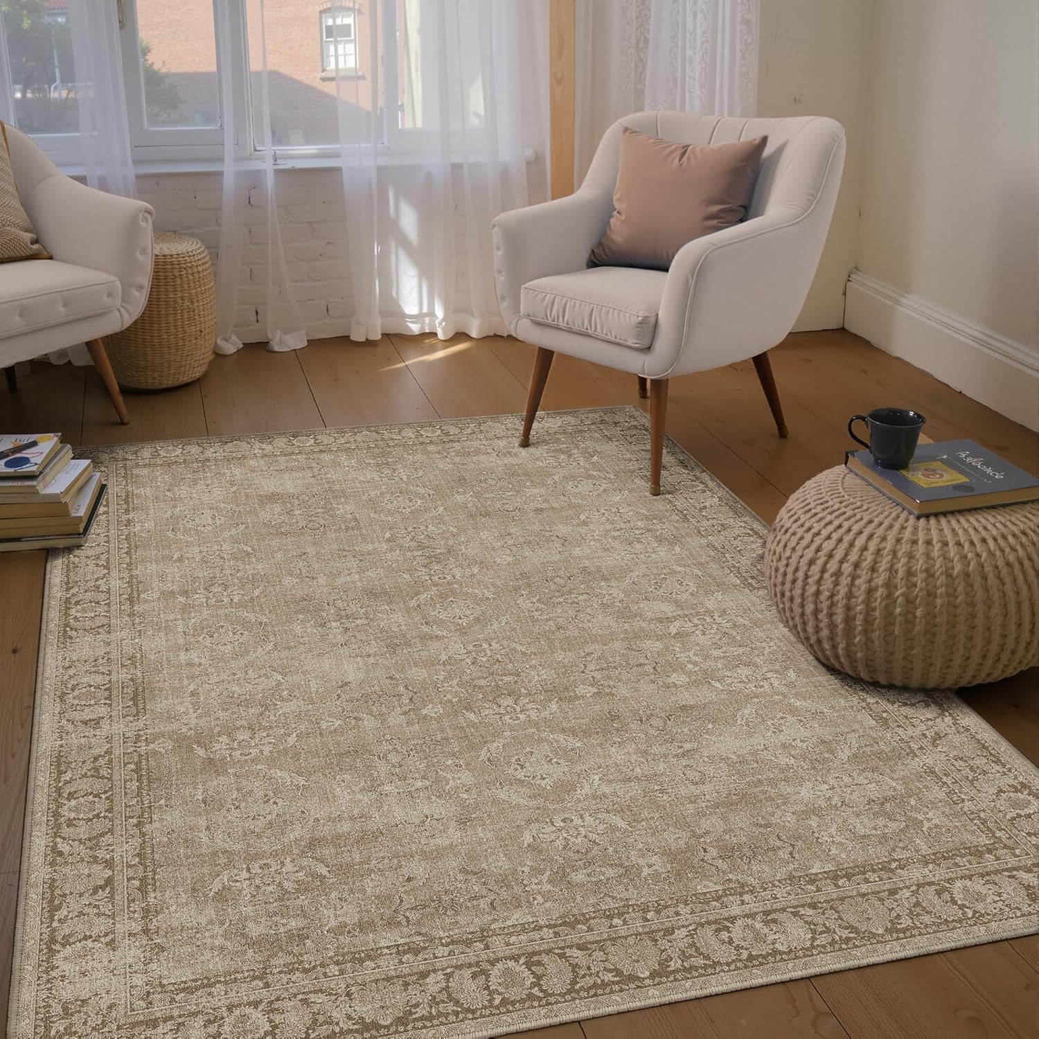 Vintage Area Rug 3x5 Light Brown Washable Entryway Office Carpet Indoor Bedroom Living Room Non Slip Kitchen Western Retro Distressed Soft Tribal Throw Accent Rug for Dining Room Bathroom - Image 4