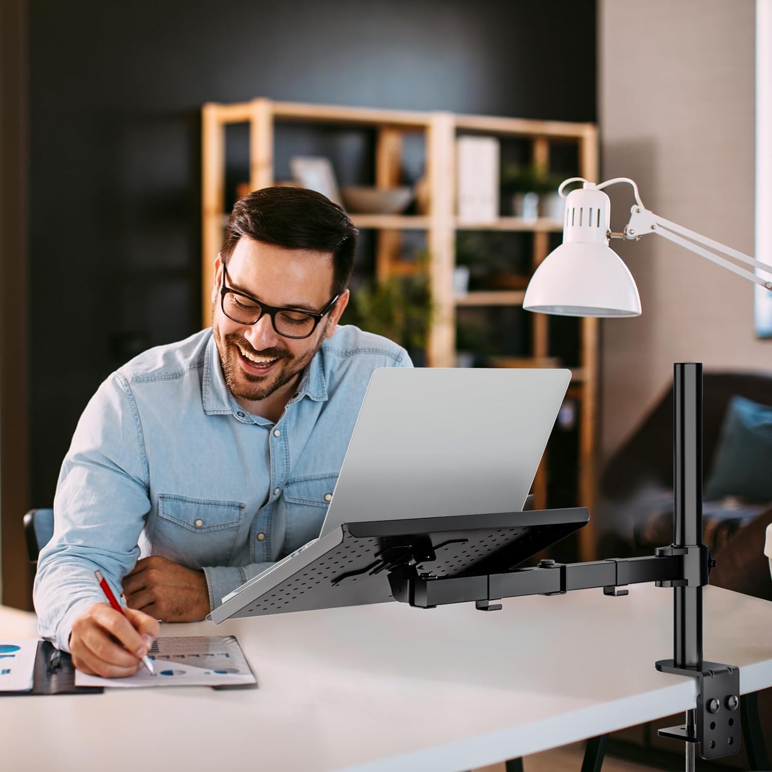 WALI Laptop Tray Desk Mount for 1 Laptop Notebook up to 17 inch, Fully Adjustable, 22 lbs Capacity with Vented Cooling Platform Stand (M00LP) - Image 4